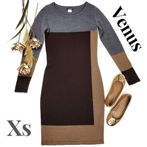 Venus Brown Grey Tan Color Block Sweater Dress Sz